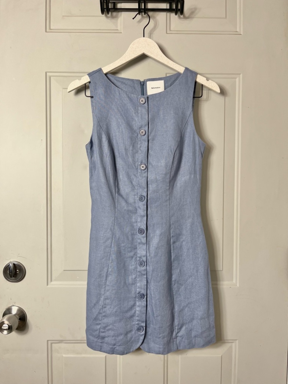 Reformation Zarae Cornflower Blue 100% Linen Button Front Mini Dress size 0 - Picture 2 of 7
